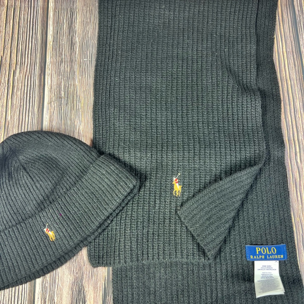 Ralph Lauren Polo Black Pony Men Women Scarf and Beanie Hat 2 Pc Set Gift